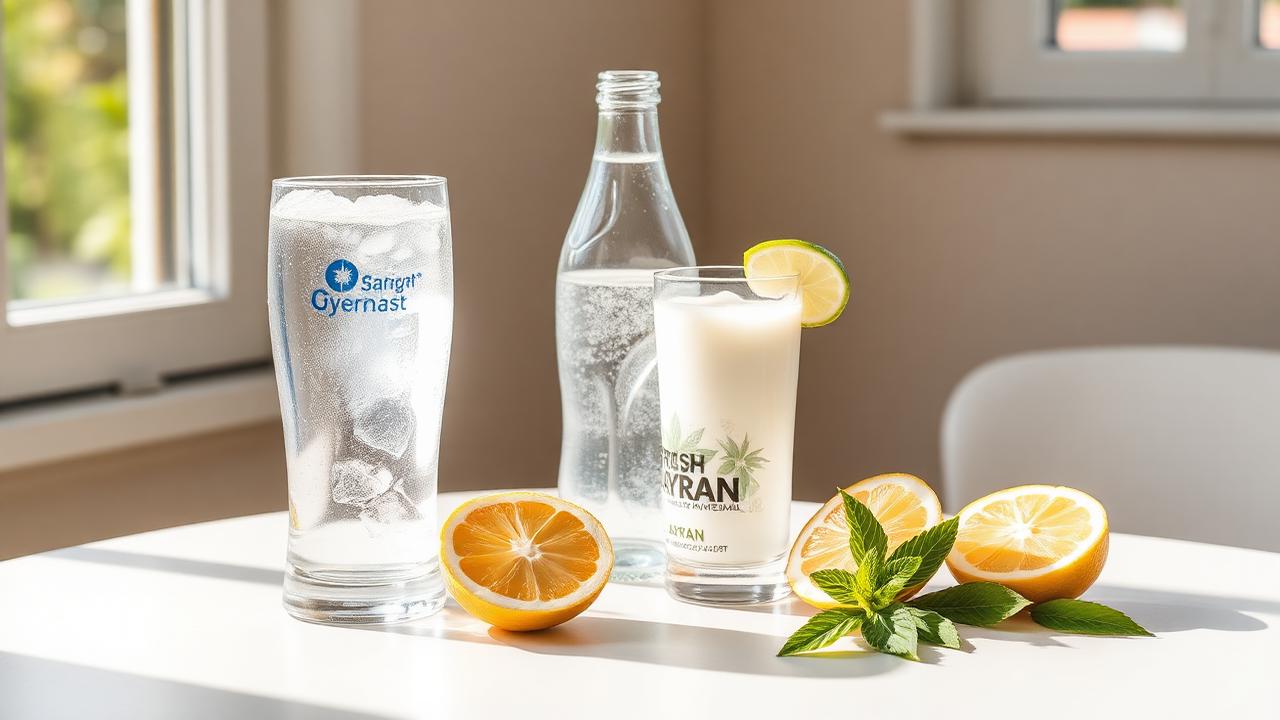 Yazlık bir masada buğulanmış su bardağı, maden suyu şişesi, ayran, limon ve nane
