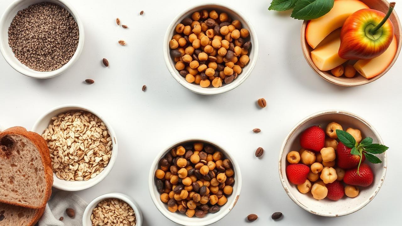 Kaselerde chia, keten tohumu, yulaf, mercimek ve nohut ile tam tahıllı ekmek ve meyve