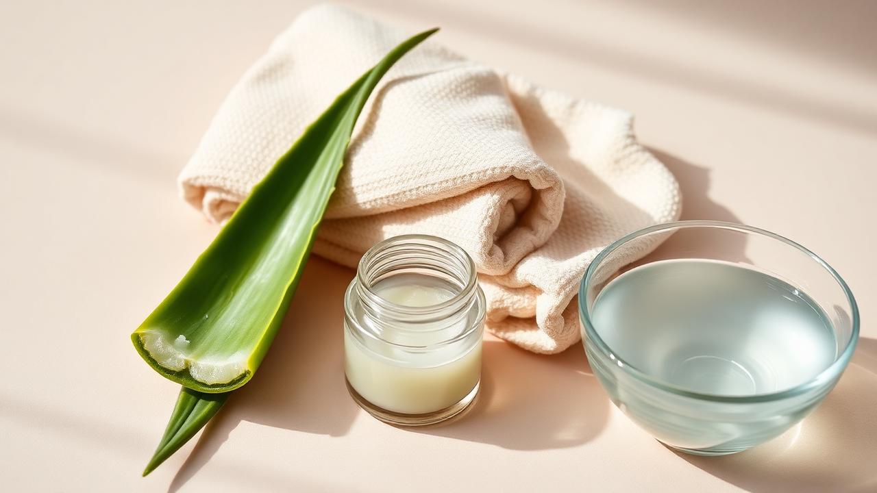 Ortadan kesilmiş aloe vera yaprağı, doğal nemlendirici kavanozu, yumuşak havlu ve serin su kabı