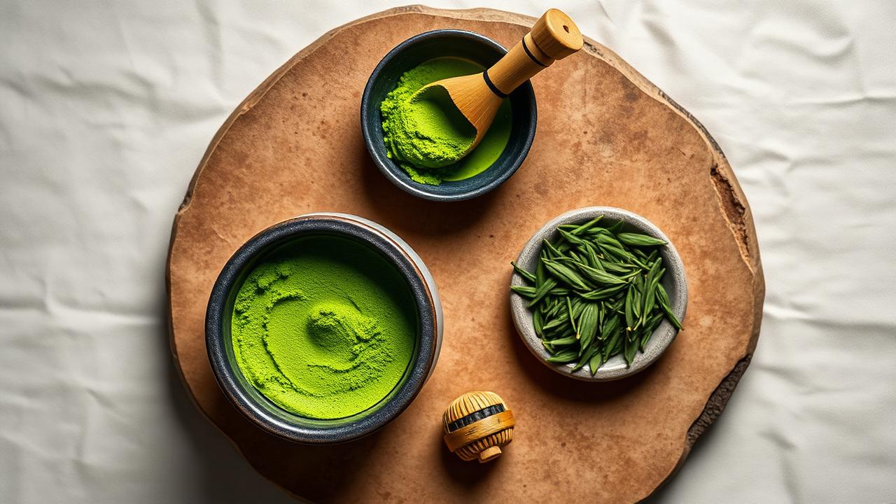 Japon seramik kâsede çırpılmış canlı yeşil matcha ve bambu chasen fırçası