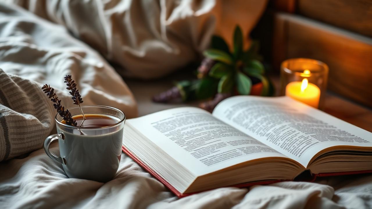 Bir fincan bitki çayı, kuru lavanta ve melisa dalları, yanan mum ve açık bir kitapla huzurlu gece rutini