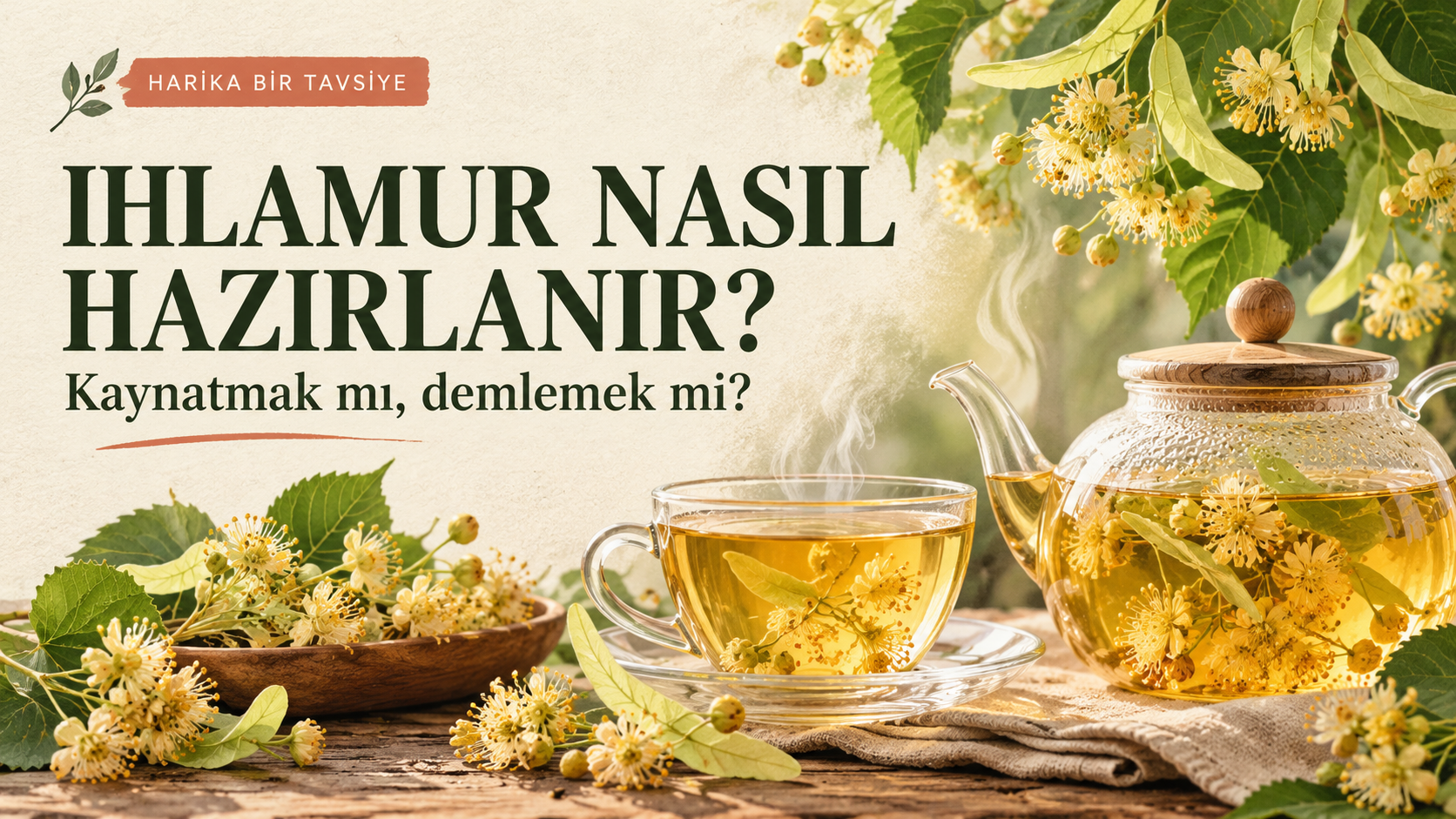 Krem fonda ıhlamur çiçekleri, cam demlik ve altın renkli çay; Ihlamur nasıl hazırlanır başlıklı kapak.